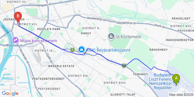 Map: Budapest Airport (BUD), Liszt Ferenc to Budapest 1082