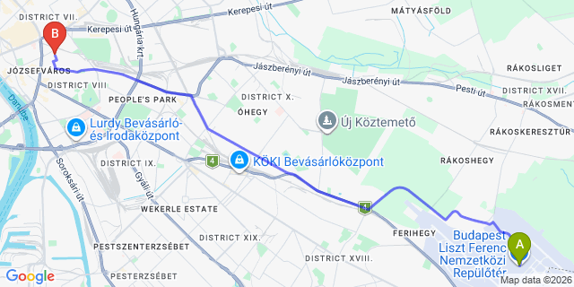 Map: Budapest Airport (BUD), Liszt Ferenc to Budapest 1084
