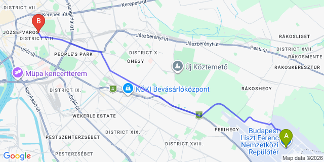 Map: Budapest Airport (BUD), Liszt Ferenc to Budapest 1086