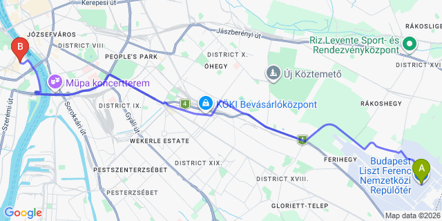 Map: Budapest Airport (BUD), Liszt Ferenc to Budapest 1111
