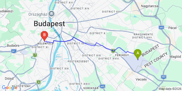 Map: Budapest Airport (BUD), Liszt Ferenc to Budapest 1115
