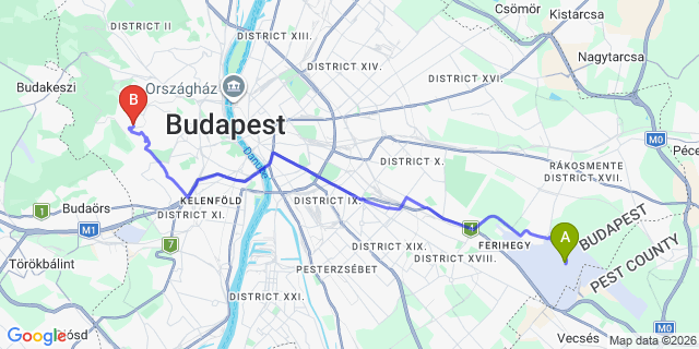 Map: Budapest Airport (BUD), Liszt Ferenc to Budapest 1121