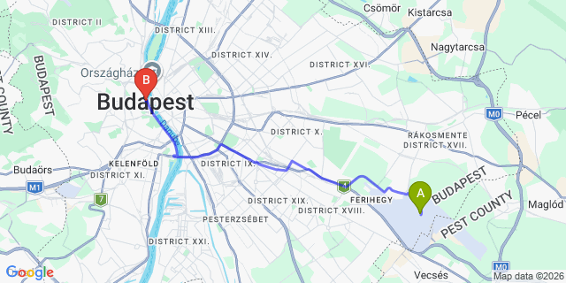Map: Budapest Airport (BUD), Liszt Ferenc to Budapest 1127