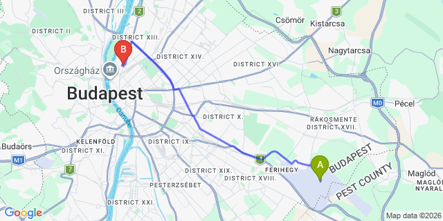 Map: Budapest Airport (BUD), Liszt Ferenc to Budapest 1132