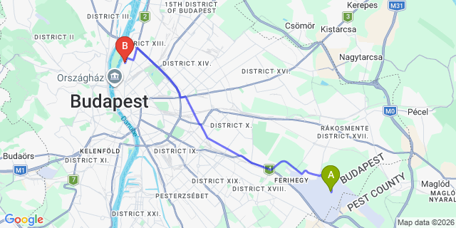 Map: Budapest Airport (BUD), Liszt Ferenc to Budapest 1133