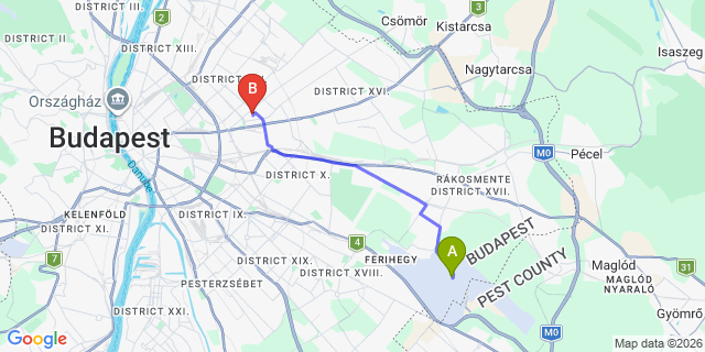 Map: Budapest Airport (BUD), Liszt Ferenc to Budapest 1148