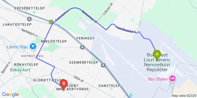 Map: Budapest Airport (BUD), Liszt Ferenc to Budapest 1182