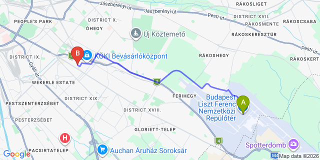 Map: Budapest Airport (BUD), Liszt Ferenc to Budapest 1191