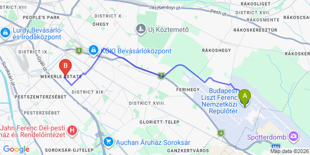 Map: Budapest Airport (BUD), Liszt Ferenc to Budapest 1192