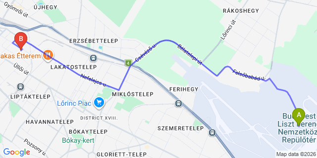Map: Budapest Airport (BUD), Liszt Ferenc to Budapest 1193