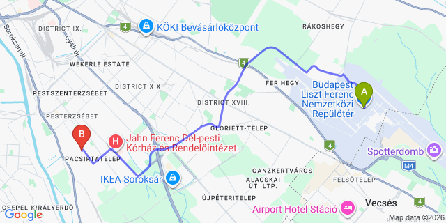 Map: Budapest Airport (BUD), Liszt Ferenc to Budapest 1201