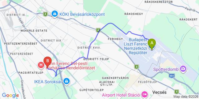 Map: Budapest Airport (BUD), Liszt Ferenc to Budapest 1204
