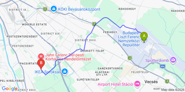 Map: Budapest Airport (BUD), Liszt Ferenc to Budapest 1237