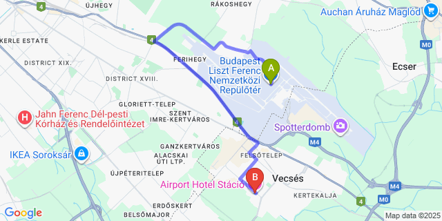 Map: Budapest Airport (BUD), Ferihegy, Liszt Ferenc to Budapest Airport Hotel Stáció Wellness & Conference