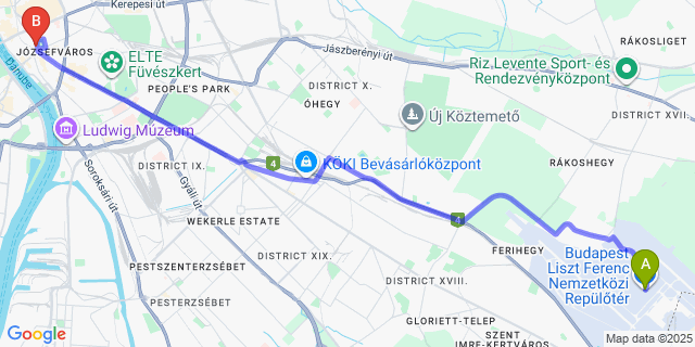 Map: Budapest Airport (BUD), Ferihegy, Liszt Ferenc to Budapest Museum Central
