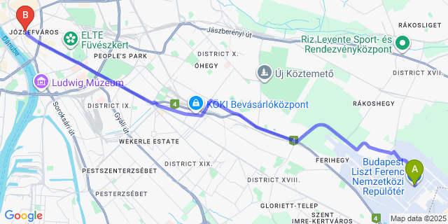 Map: Budapest Airport (BUD), Ferihegy, Liszt Ferenc to Budapest Passage