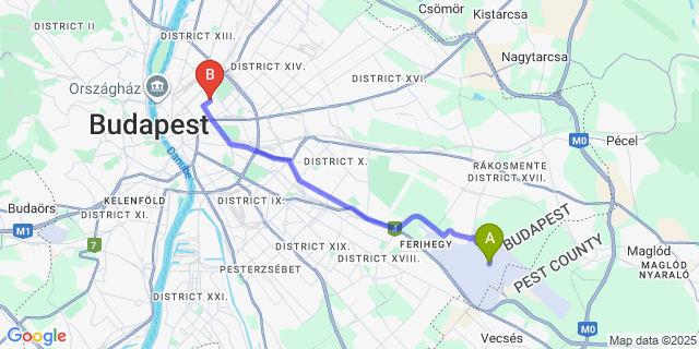 Map: Budapest Airport (BUD), Ferihegy, Liszt Ferenc to Budapest Ville Bed & Breakfast