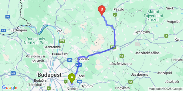 Map: Budapest Airport (BUD), Ferihegy, Liszt Ferenc to Buják