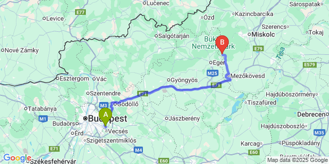 Map: Budapest Airport (BUD), Ferihegy, Liszt Ferenc to Bükkzsérc