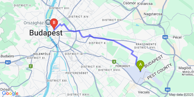 Map: Budapest Airport (BUD), Ferihegy, Liszt Ferenc to Callas House