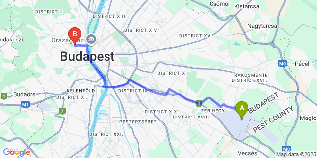 Map: Budapest Airport (BUD), Ferihegy, Liszt Ferenc to Camille Apartments