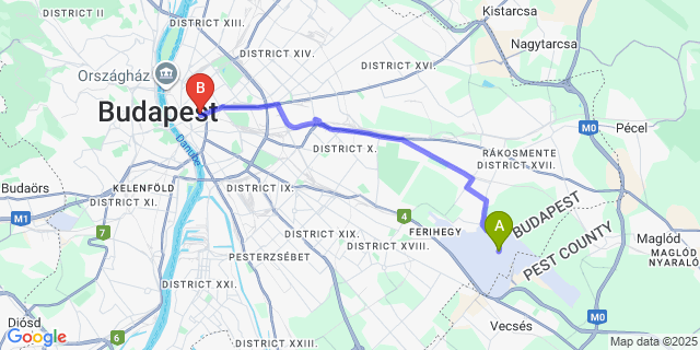 Map: Budapest Airport (BUD), Ferihegy, Liszt Ferenc to Continental Hotel Budapest