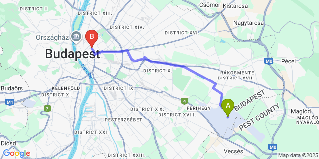 Map: Budapest Airport (BUD), Ferihegy, Liszt Ferenc to Corinthia Budapest