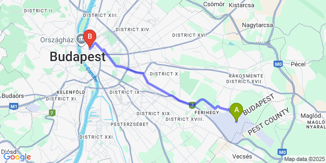 Map: Budapest Airport (BUD), Ferihegy, Liszt Ferenc to Cortile Hotel - Adult only