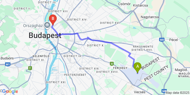Map: Budapest Airport (BUD), Ferihegy, Liszt Ferenc to Crowne Plaza Budapest