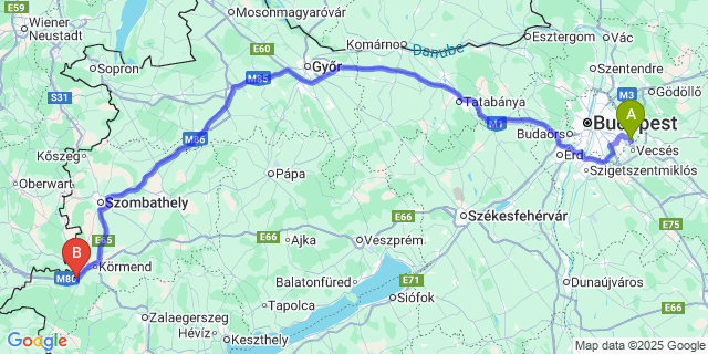 Map: Budapest Airport (BUD), Ferihegy, Liszt Ferenc to Csákánydoroszló