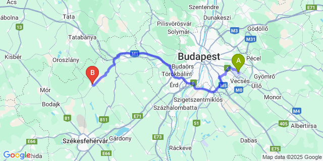 Map: Budapest Airport (BUD), Ferihegy, Liszt Ferenc to Csákvár
