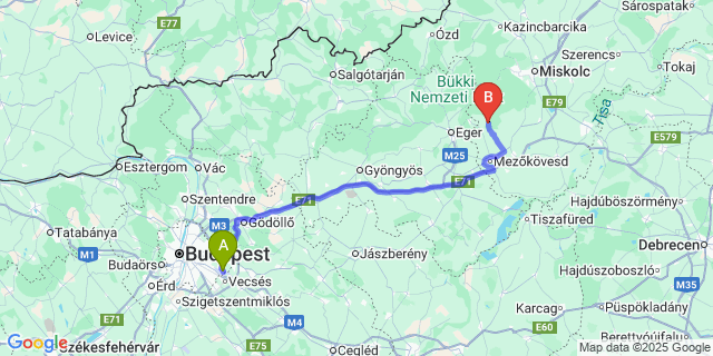 Map: Budapest Airport (BUD), Ferihegy, Liszt Ferenc to Cserépváralja