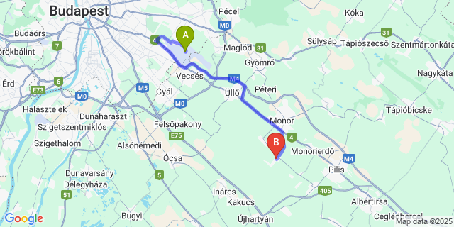 Map: Budapest Airport (BUD), Ferihegy, Liszt Ferenc to Csévharaszt