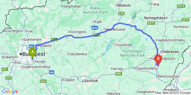 Map: Budapest Airport (BUD), Ferihegy, Liszt Ferenc to Derecske