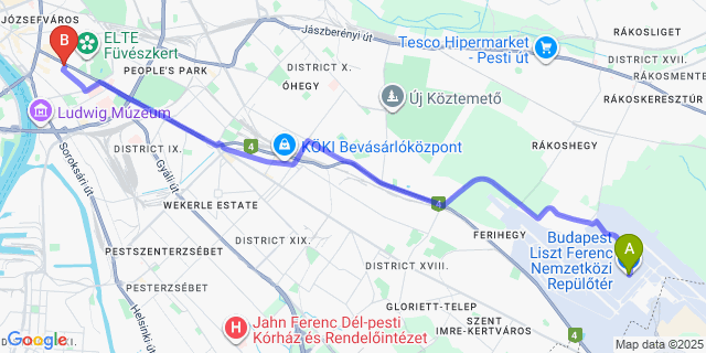 Map: Budapest Airport (BUD), Ferihegy, Liszt Ferenc to Di Verdi Imperial Hotel