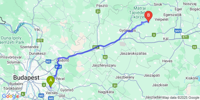 Map: Budapest Airport (BUD), Ferihegy, Liszt Ferenc to Domoszló