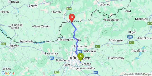 Map: Budapest Airport (BUD), Ferihegy, Liszt Ferenc to Drégelypalánk