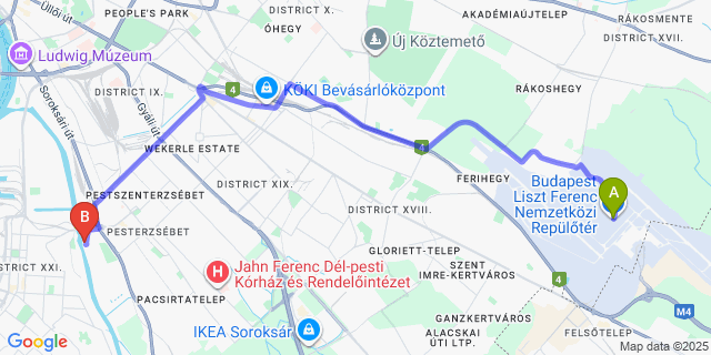 Map: Budapest Airport (BUD), Ferihegy, Liszt Ferenc to Duna Garden Hotel