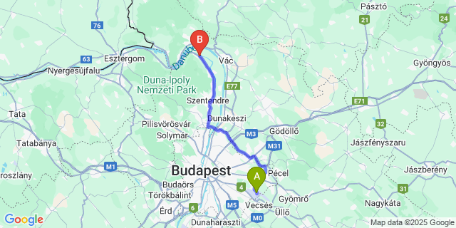 Map: Budapest Airport (BUD), Ferihegy, Liszt Ferenc to Dunabogdány