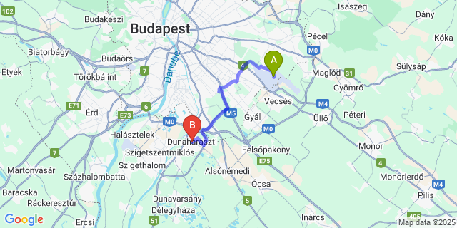 Map: Budapest Airport (BUD), Ferihegy, Liszt Ferenc to Dunaharaszti