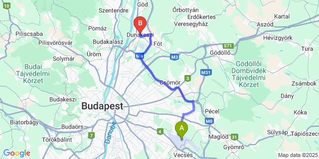 Map: Budapest Airport (BUD), Ferihegy, Liszt Ferenc to Dunakeszi