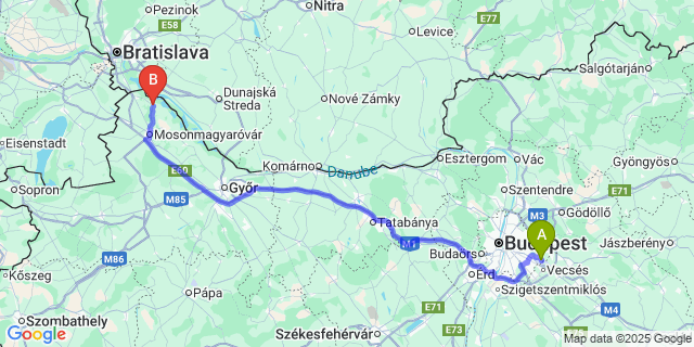 Map: Budapest Airport (BUD), Ferihegy, Liszt Ferenc to Dunakiliti