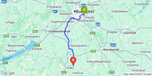 Map: Budapest Airport (BUD), Ferihegy, Liszt Ferenc to Dunapataj