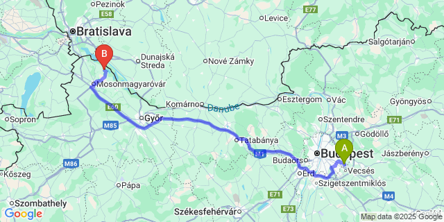 Map: Budapest Airport (BUD), Ferihegy, Liszt Ferenc to Dunasziget