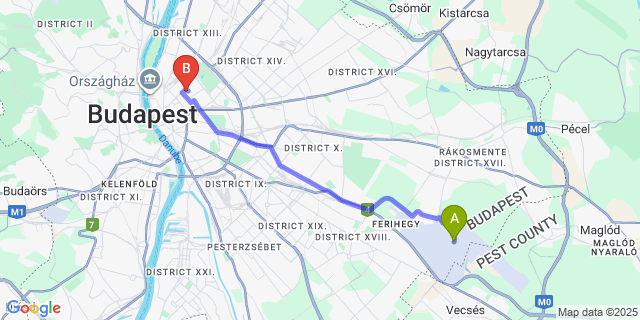 Map: Budapest Airport (BUD), Ferihegy, Liszt Ferenc to Easy Star Hotel