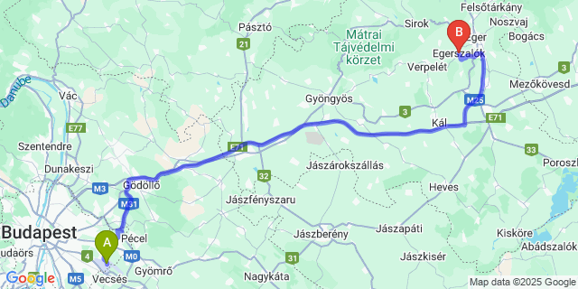 Map: Budapest Airport (BUD), Ferihegy, Liszt Ferenc to Egerszalók