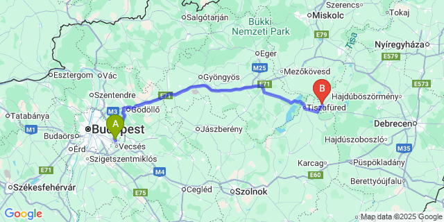 Map: Budapest Airport (BUD), Ferihegy, Liszt Ferenc to Egyek