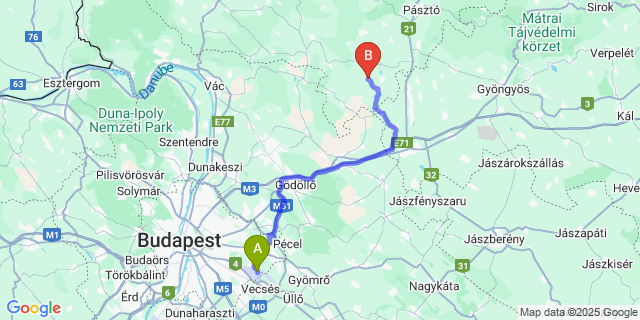Map: Budapest Airport (BUD), Ferihegy, Liszt Ferenc to Egyházasdengeleg
