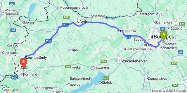 Map: Budapest Airport (BUD), Ferihegy, Liszt Ferenc to Egyházasrádóc