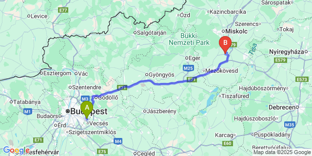 Map: Budapest Airport (BUD), Ferihegy, Liszt Ferenc to Emőd